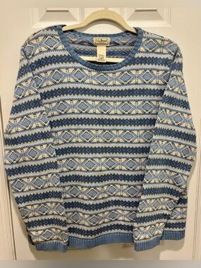 L.L. Bean Blue and Cream Fair Isle Crewneck Sweater Women XL